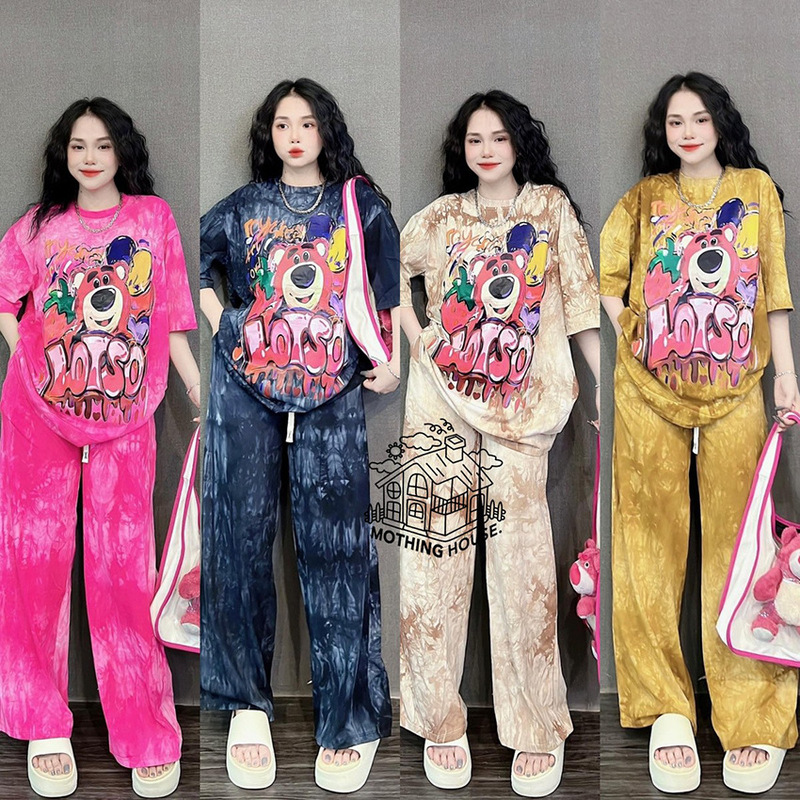 Southeast Asian Export Tie-dye Fashion Suit Women's Summer Loose Cartoon Bear Short-sleeved Wide-leg Pants Casual Two-piece Set