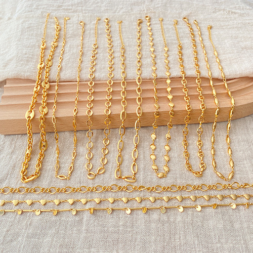 Copper-plated 18K real gold plain chain minimalist INS style versatile clavicle necklace heart-shaped O-link metal circle texture necklace