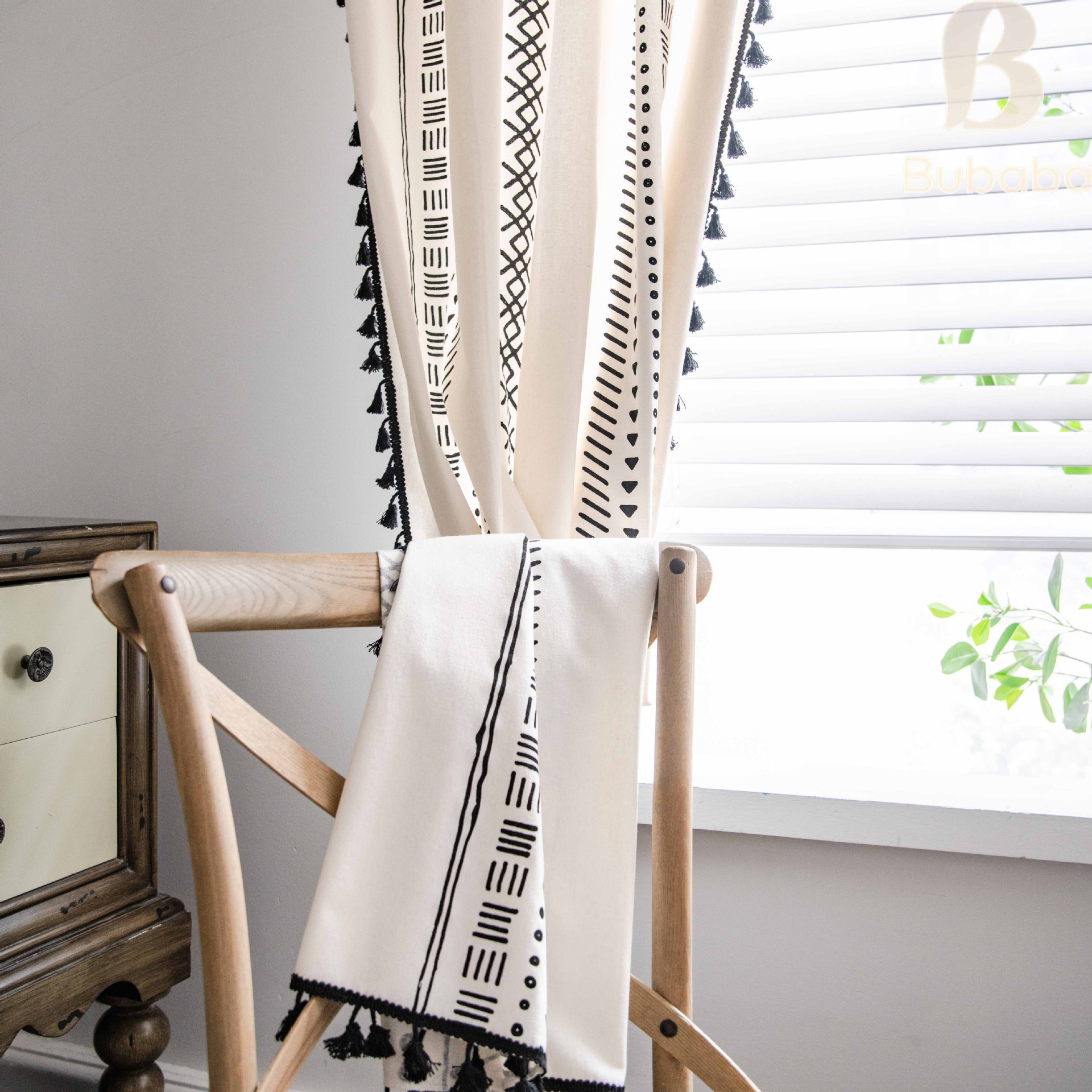 Cortinas blackout de algodão e linho com estampa geométrica boho_voghion.com