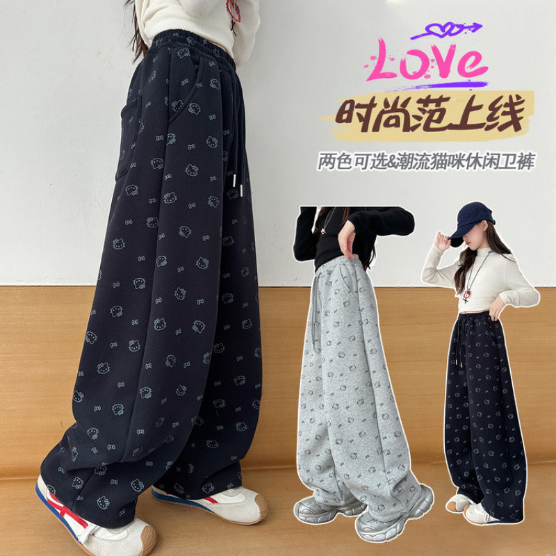 Zhili children's autumn printed wide-leg pants, children's outerwear with bow, baby elastic straight leg