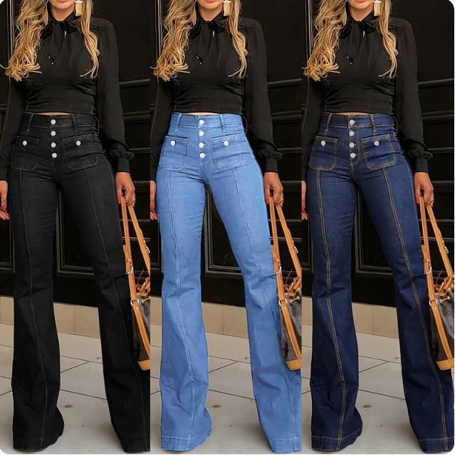 European and American 2025 Women's New Fashion All-match Casual High Waist Slim-fit Slimming Button Horn Denim Trousers Women