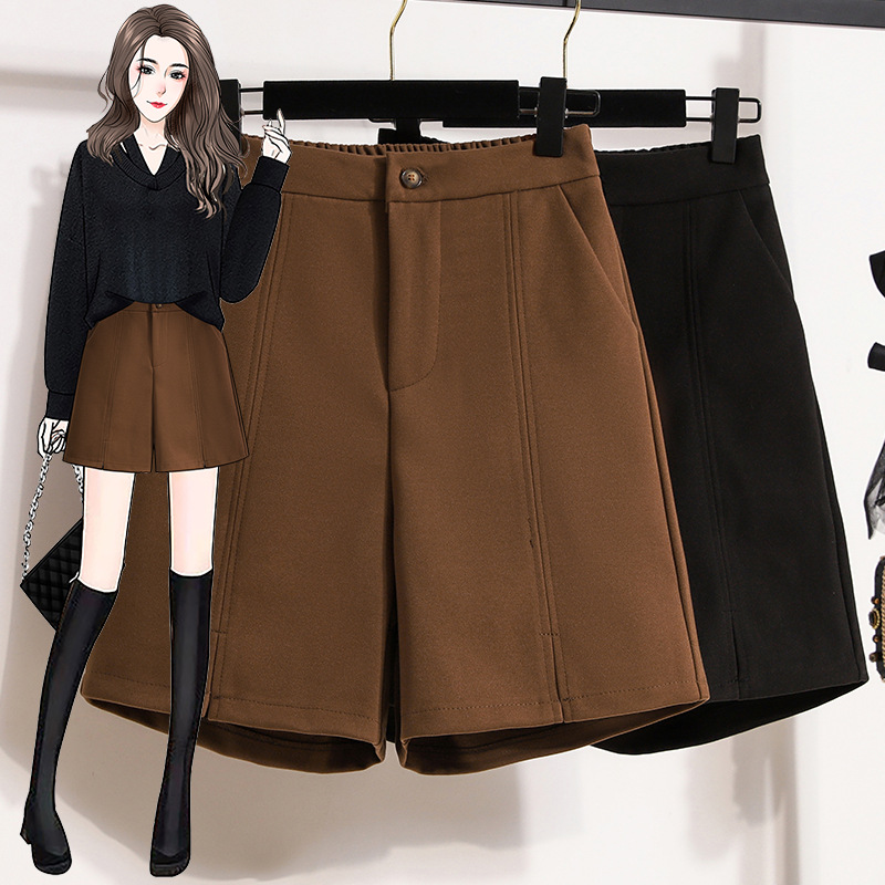 Real Shot of Woolen Shorts for Women in Autum 2025 New Style Five-Point High-Waist Slim A-Line Casual Wide-Leg Boot Pants Mid-Pants