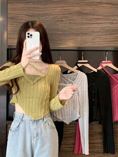 [设计感不规则挂脖长袖针织衫秋季新款内搭修身显瘦短款打底衫上衣]