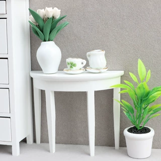 1:12娃娃屋微缩家具迷你潮玩小家具摆件红木色半边台玄关圆桌