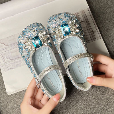 Princess shoes girl Rhinestone 2022 spring and autumn new pattern children Aisha Sequins leather shoes CUHK soft sole Single shoes