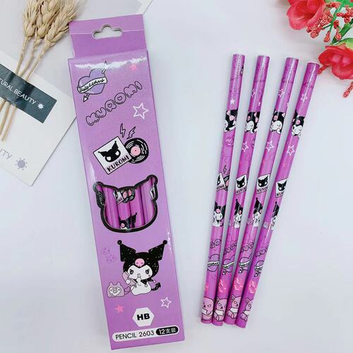 Cute Cartoon Monochrome Wood Pencil with Mochi Dog Design, 12-Piece HB Writing Pencil Set, Sanrio Kuromi Dango Dog Gift