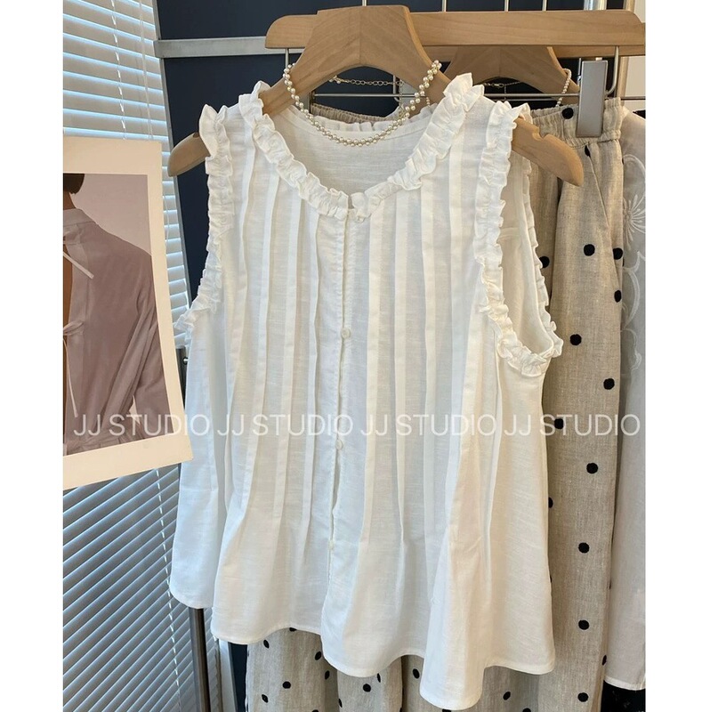 Age-Reducing Baby Doll Shirt Korean Dongdaemun Sweet Ear-Hemmed Loose Cotton and Linen Sleeveless Shirt Women's Slimming Look A-Line Shirt