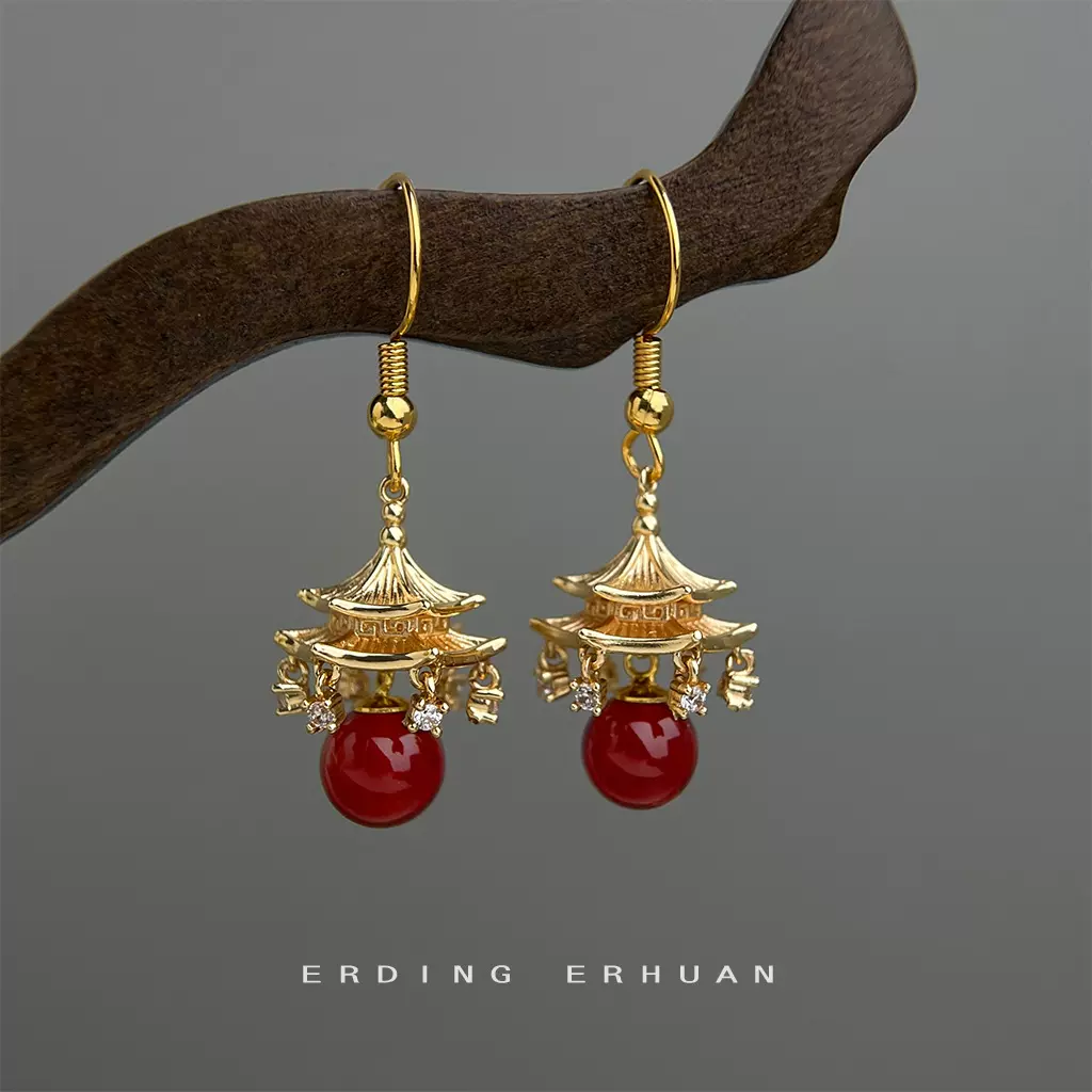 国潮原创~塔顶阁楼设计师款微镶锆石个性新中式新款耳饰工厂 耳环