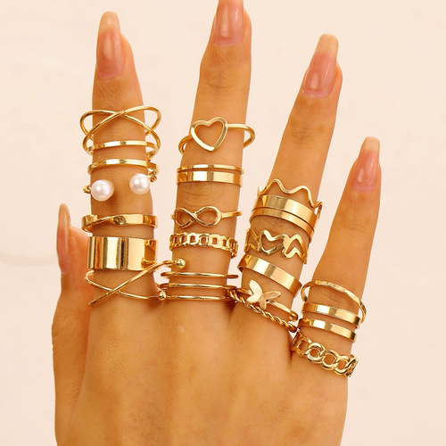 22-Piece European and American Open-Style Multi-Joint Ring Set | Heart-Shaped Rings for Women | Unique, Niche, Retro Designs
