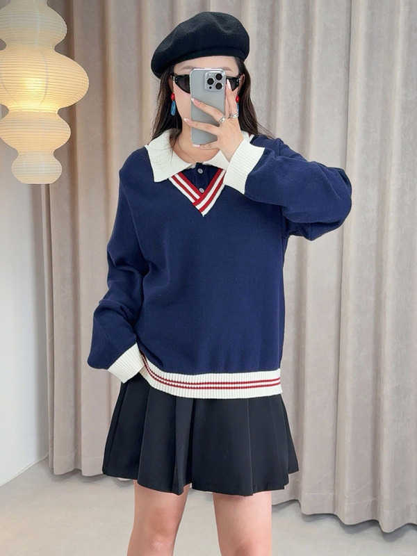 爱元2025秋季新款大码胖mm女装学院风衬衫领假两件毛衣F602|undefined