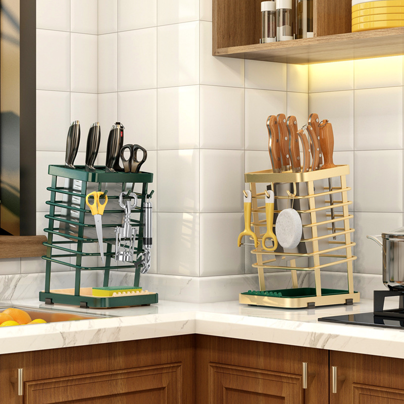 Kitchen carbon steel knife rack grinding rod plane scissors storage rack draining plate detachable knife holder one-piece dropshipping