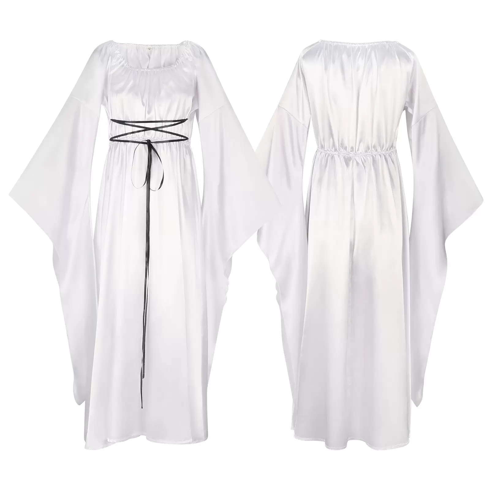 欧美亚马逊舞台表演服 万圣节巫师派对白色长裙黑色绑带女巫服装