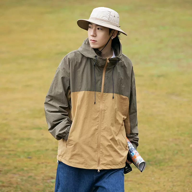 2025新款春秋高品质潮牌男装连帽夹克拼色宽松工装外套冲锋衣百搭