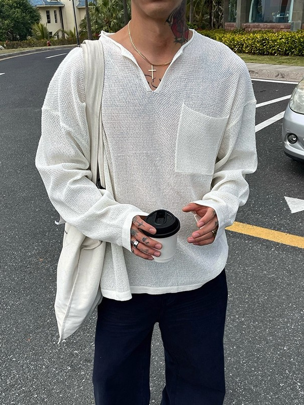 老钱风V领亚麻长袖t恤男秋款大码宽松上衣松弛穿搭大领口男士罩衫|undefined