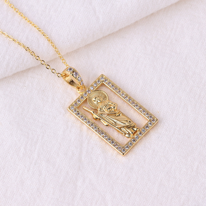 Retro Virgin Mary Square Oval Copper Rhinestones Pendant Necklace In Bulk display picture 3