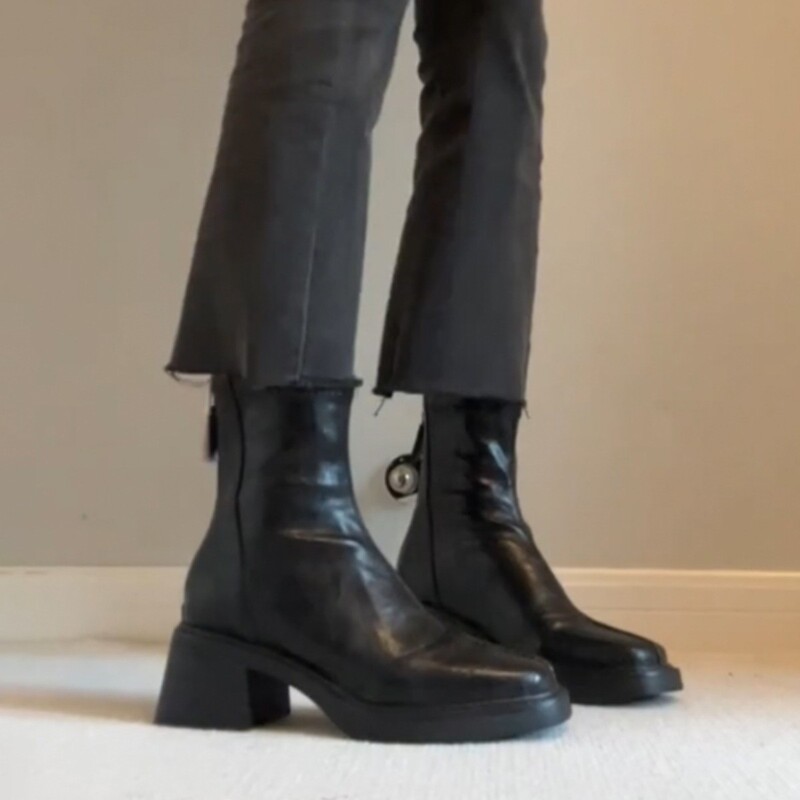 羊皮版~真皮黑色褶皱粗跟短靴女英伦风复古切尔西靴瘦瘦靴马丁靴|undefined