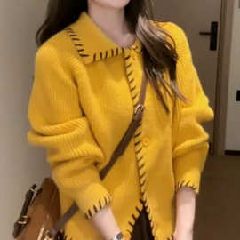 韩系多巴胺黄色翻领毛衣开衫外套女秋季慵懒新品感温柔针织衫上衣