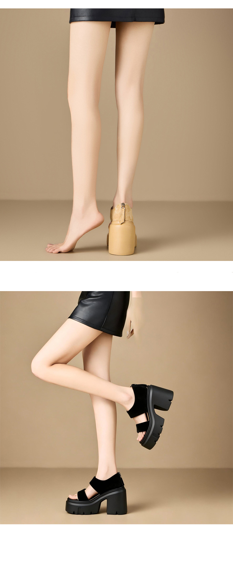 Sandal cao gót nữ quai ngang da cừu gót vuông 12 cm phong cách cổ điển La Mã — màu đen chi tiết 4