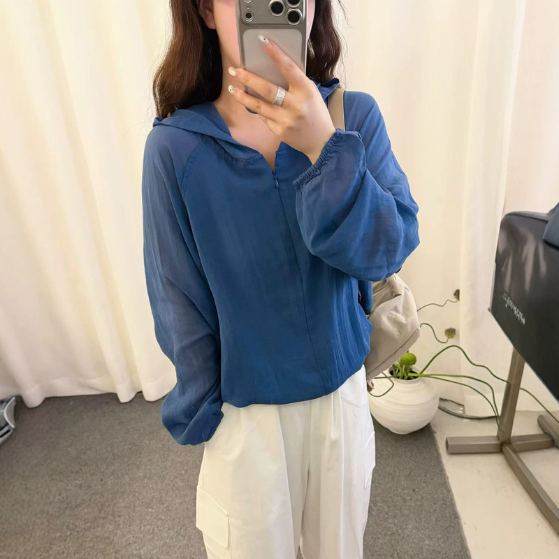 75% Tencel, 17% Linen, 8% Nylon Summer Zip-Up Thin Hooded Jacket for Women, Loose Air Conditioning Shirt, Sun Protection Shirt
