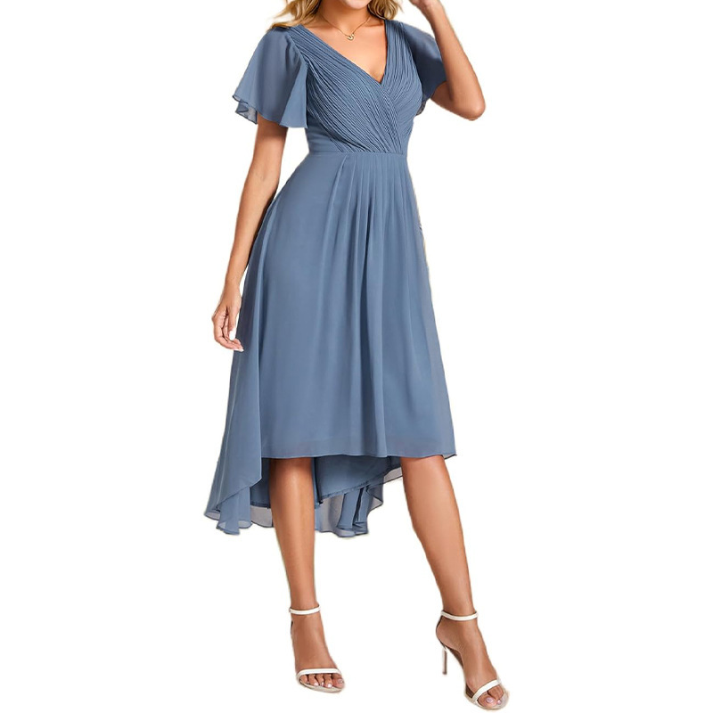Ladies Pleated Double V Neck Backless Short Sleeve Chiffon Dress Amazon Wedding Guest Banquet Party Gown Dress