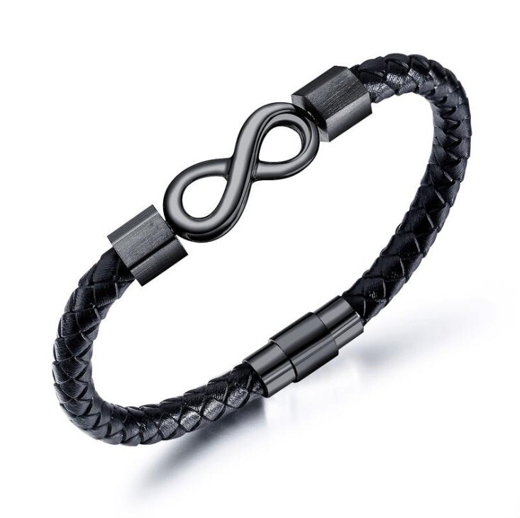 Cross-Border European and American Men's Fashion Simple Infinite Leather Black/Silver Bracelet Bracelet High-End Leather Wholesale Cross-Border European and American Men's Fashion Simple Infinite Leather Black/Silver Bracelet Bracelet High-End Leather Wholesale