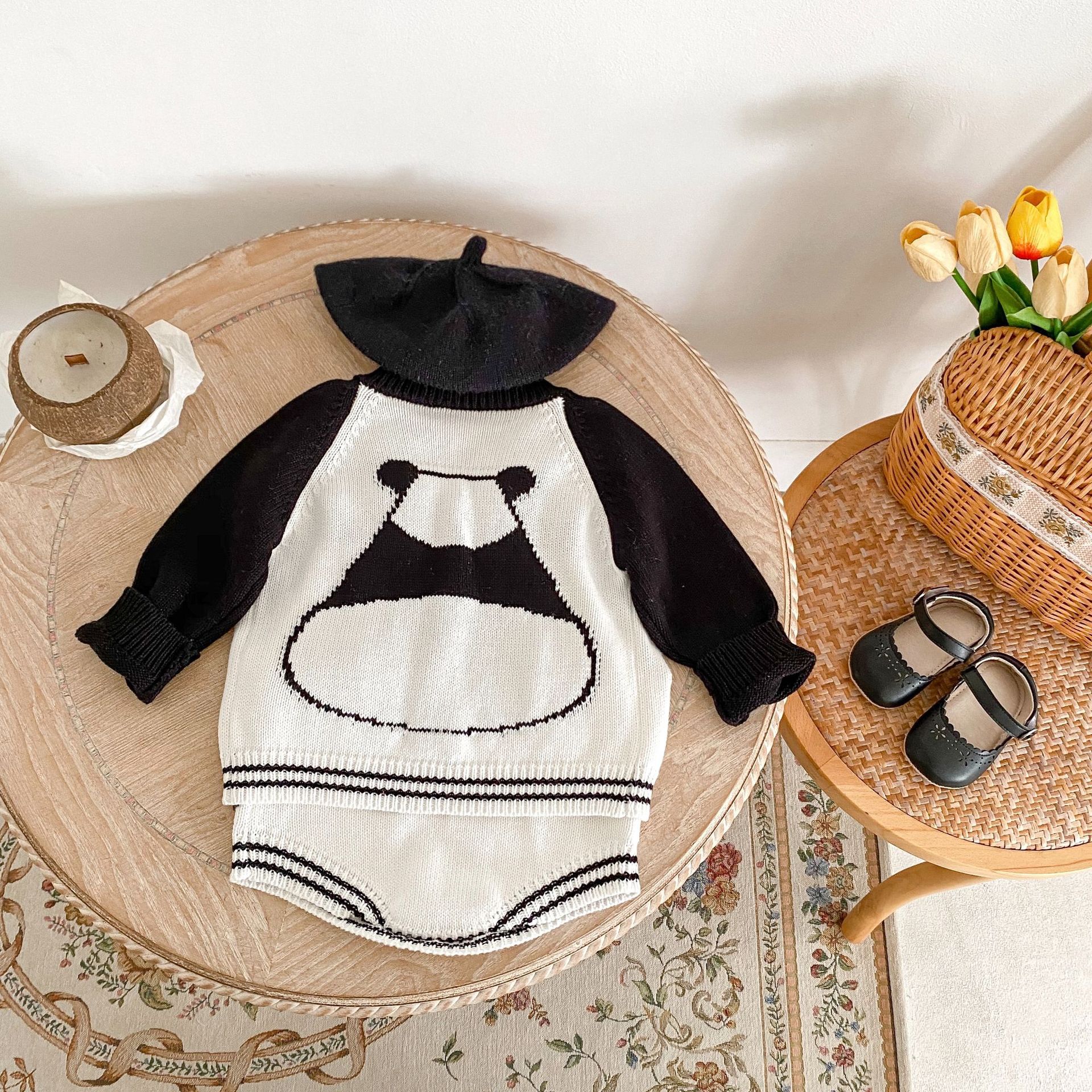 Baba kisgyermek őszi ruhák 2024 férfi és női baba pulóverek panda jacquard kötött hosszú ujjú felső szett_voghion.com