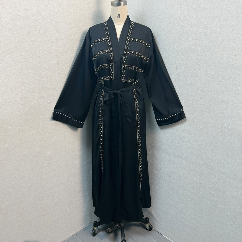 F332 Cross-Border Foreign Trade Women's Long Dress Middle East Dubai Embroidered Lace Pearl Beaded Cardigan Robe In_ecoleips.com