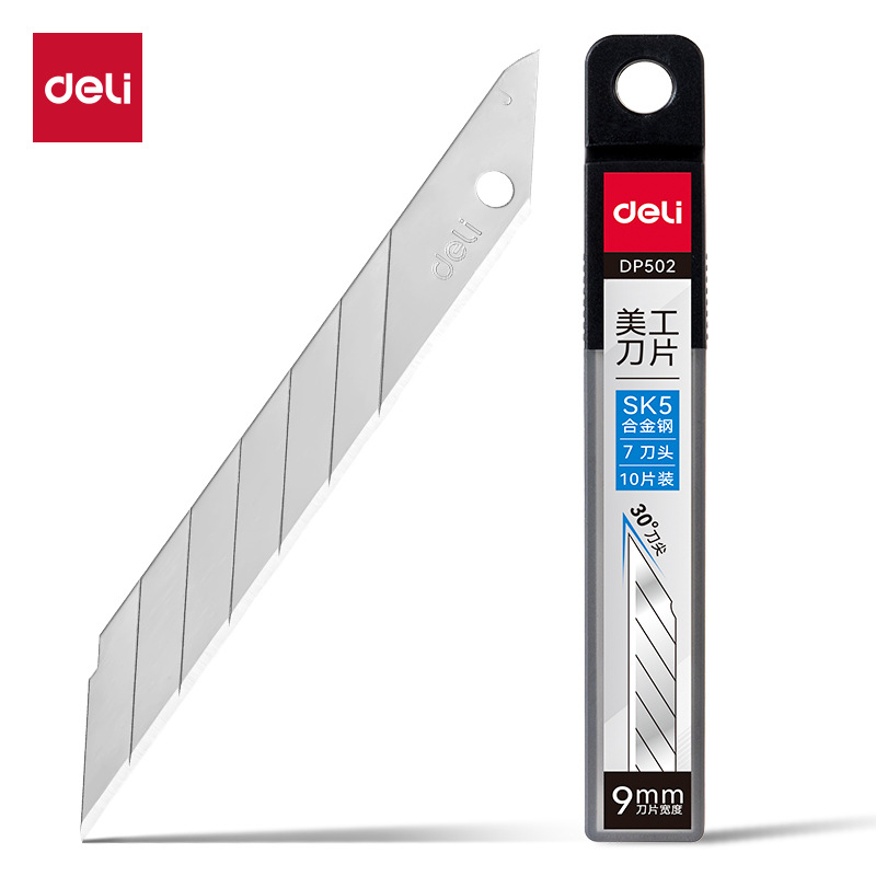 Deli 2015 hoja de cuchillo de arte 30 ° Cabeza de corte oblicua tamaño pequeño 9mm metal aleación de acero cuchillo de corte de papel pieza 10 unids/caja