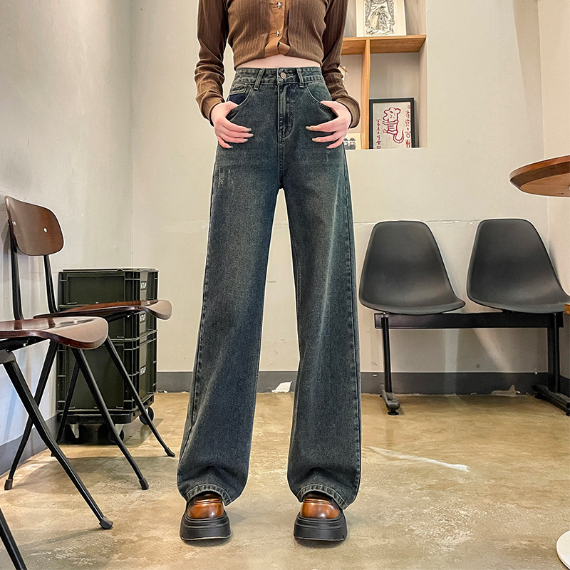 Narrow wide-leg jeans for women Spring 2024 New High waist retro slimming loose draping straight pants