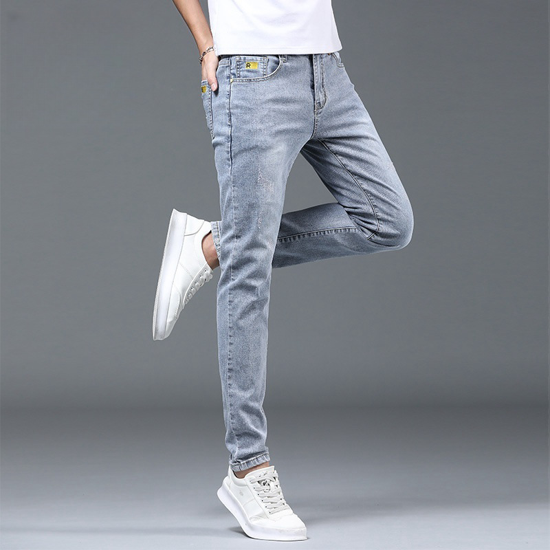Printemps et automne mince hommes jeans tendance polyvalent couleur claire minceur petite jambe coquin beau mode lavé décontracté_voghion.com