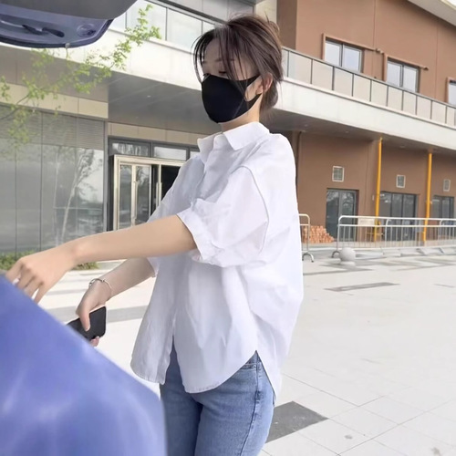 Women's Short Sleeve Thin White Shirt Sun Protection Top Summer Clothing Loose Slimming Cotton Collar Shirt Casual Small Tunic