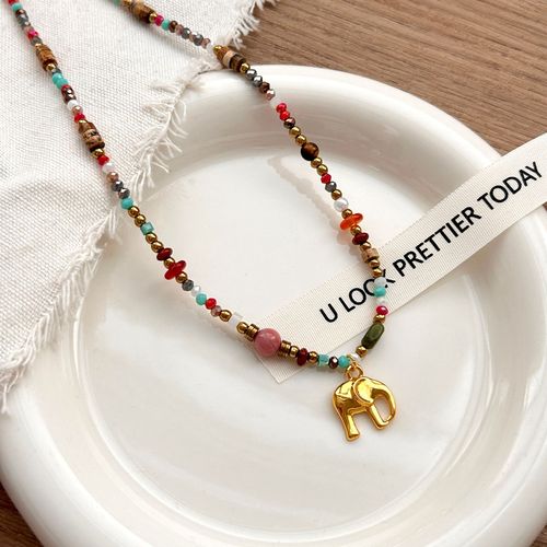 Retro Gold Small Elephant Beaded Necklace for Women, New Chinese Style, Versatile and Elegant Lockchain, Unique and High-End Accessory, Wholesale