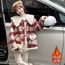 冬季中大女童加绒外套冬装童装儿童女孩加厚呢子大翻领上衣一体绒