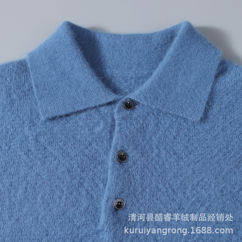 新款貂绒衫男士Polo领青年商务时尚蜂窝针毛衣针织打底羊毛衫
