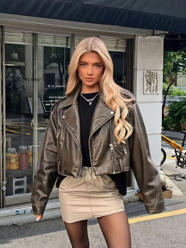 爆款亚马逊欧美外贸批发2025秋新款女装仿皮机车夹克上衣外套女|undefined