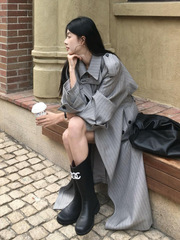 高级感条纹风衣外套女2025春秋新款宽松系带韩版中长款慵懒风大衣