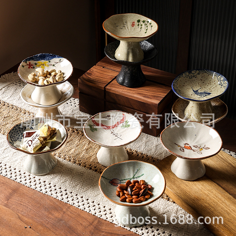 包邮釉下彩手绘陶瓷围炉煮茶高脚小吃零食糕点水果碟家用餐厅托盘