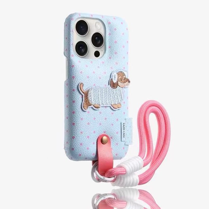 Bordado de dibujos animados cachorro color sólido lunares para 16ProMax bolsa de batería 15 funda para teléfono 13 Apple 14 pareja 15PM