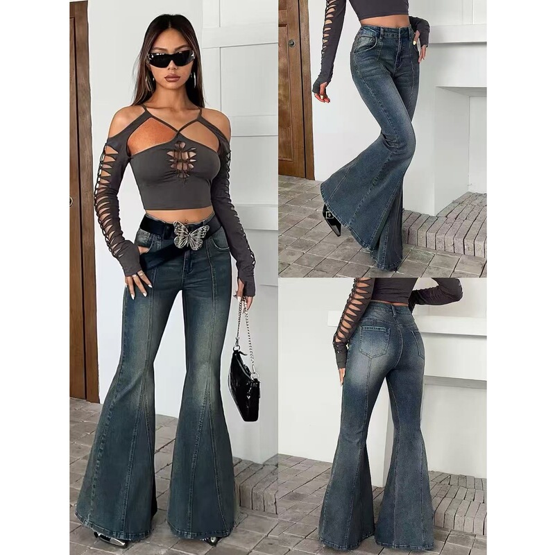 2026 new retro washed split-line flared jeans for women, American-style slim-fit wide-leg pants