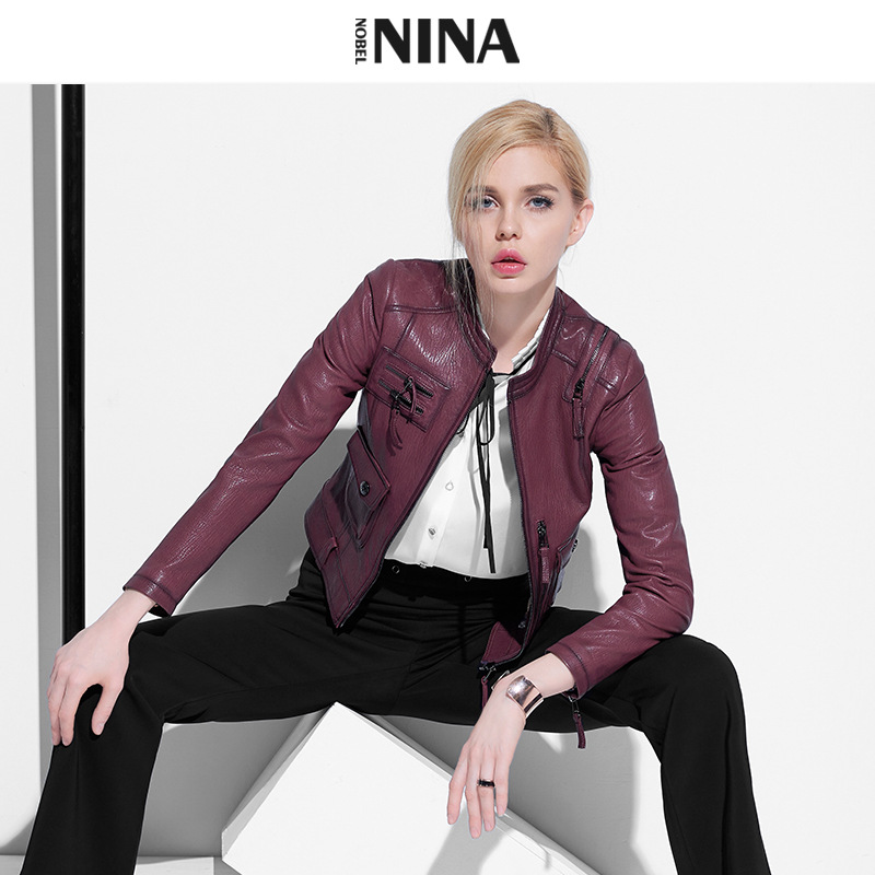 Women's Autumn/Winter Stand Collar Short Leather Jacket with Multiple Pockets, High-Waisted, Slimming, Hot Girl Short Outerwear, Haining Source