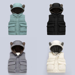 2024 Foreign Trade Children's Clothing Children's Cotton Clothes Autumn and Winter Plus Velvet Warm Children's Broad Shoulder Solid Color Hooded Vest for Boys and Girls