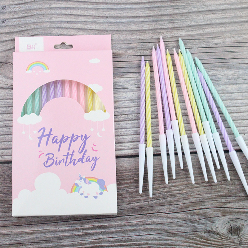 Venta al por mayor nueva vela de cumpleaños feliz reunión A3 color Delgado cristal espiral 12 velas fiesta en caja