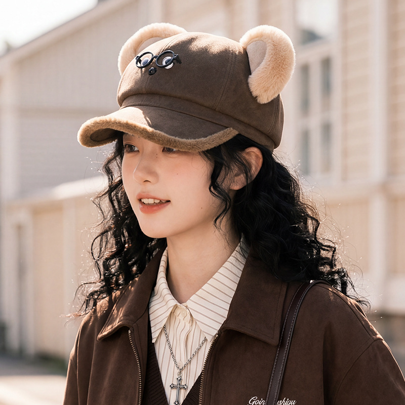 2026 nueva moda coreana dulce sombrero de viento osos de caricatura lindo sombrero de béisbol otoño invierno gorra de lengua de pato gruesa