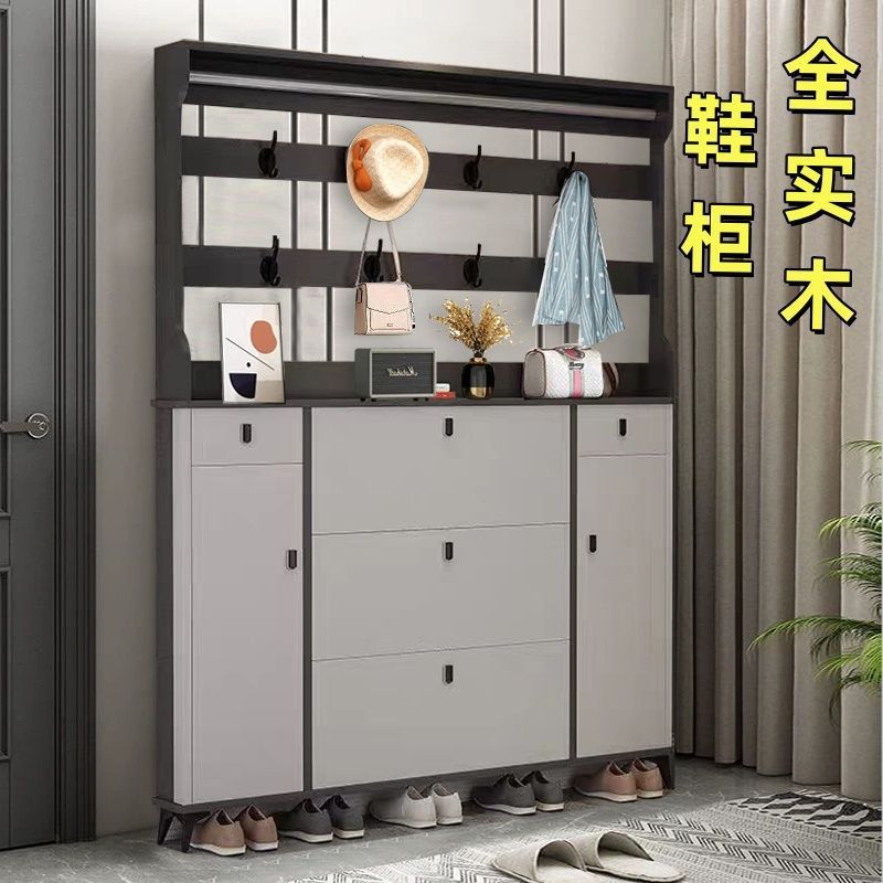 Italian-Style All-Solid Wood Shoe Cabinet Integrated Doorway Entrance Wall-Mounted Large-Capacity Flip Bucket Household Coat Rack Shoe Rack Combination