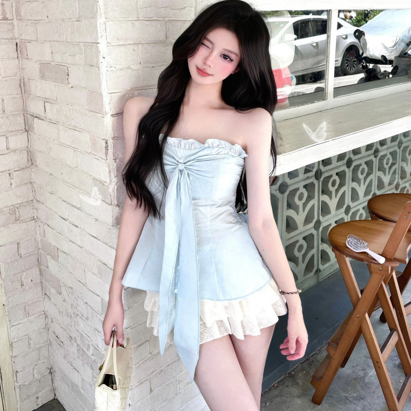 Factory Wholesale Direct Sales Blue Bow Strap Vest Suspender Women's Summer Waist Slimming Tube Top