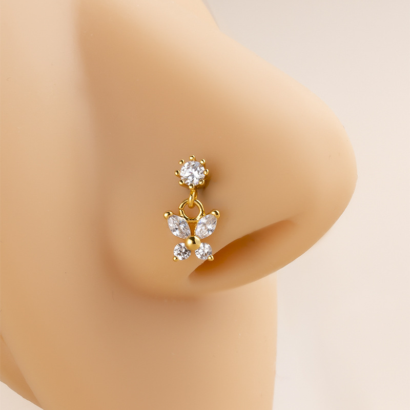 Nose studs Classification 1 Piece 316L Stainless Steel Copper Zircon Nose Rings & Studs Butterfly Waterproof Non Tarnish Surgical Steel Ear Cartilage Rings & Studs Nose Pin