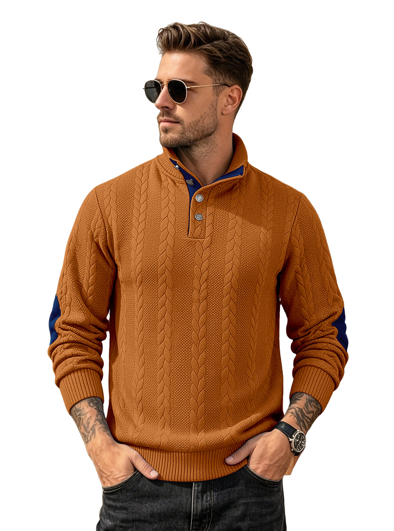 Camiseta POLO jacquard para hombre, estilo europeo y americano, con cuello Henley, manga larga, bordado con parches, suéter informal para hombre.