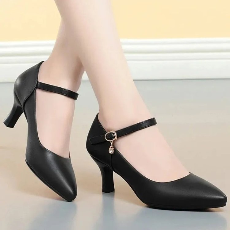 High-Heeled (6-8cm) Low-Cut Shoes, Pu Pointed-Toe Single Shoes, Shallow Mouth, Chunky Heel, Professional Work Shoes for Moms, Small Leather Shoes