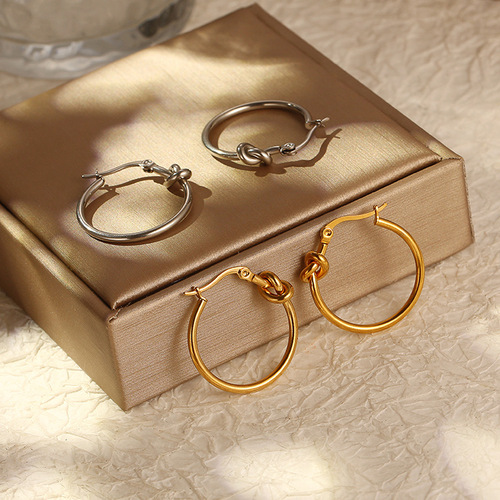High-end stainless steel knotted earrings, minimalist luxury style, women's trendy titanium steel earrings, geometric round stainless steel earrings.