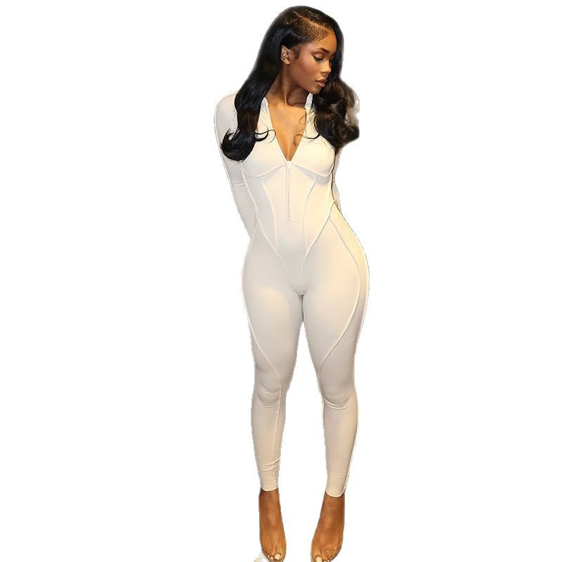 Estilo europeo y americano ins comercio exterior casual commuter ajustado mono hueco sin espalda con cuello en V mono color sólido ropa de mujer deportiva